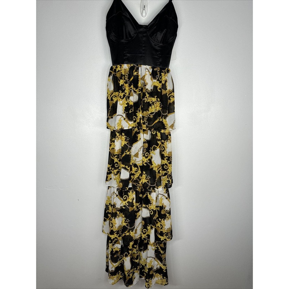 Hers & Mine Baroque Tiered Maxi Dress Sz Small black Yellow Gold NWT